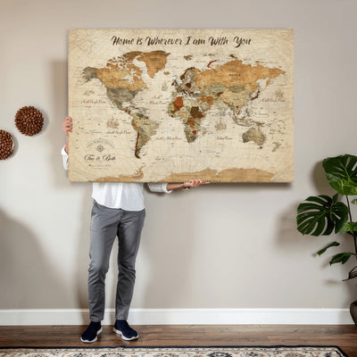 Personalized Framed Black Modern Push Pin World Map Wall Art, Couples Countries Visited Map, Dining Room and Hallway Decor