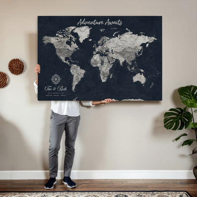 Personalized Framed Beige Vintage Push Pin World Map Wall Art, Bucket List Map, Study and Hallway Decor