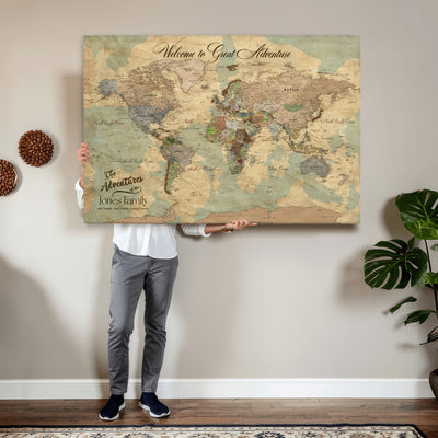 Personalized Framed Navy Vintage Push Pin World Map Wall Art, Places Visited Tracker, Bedroom and Hallway Decor