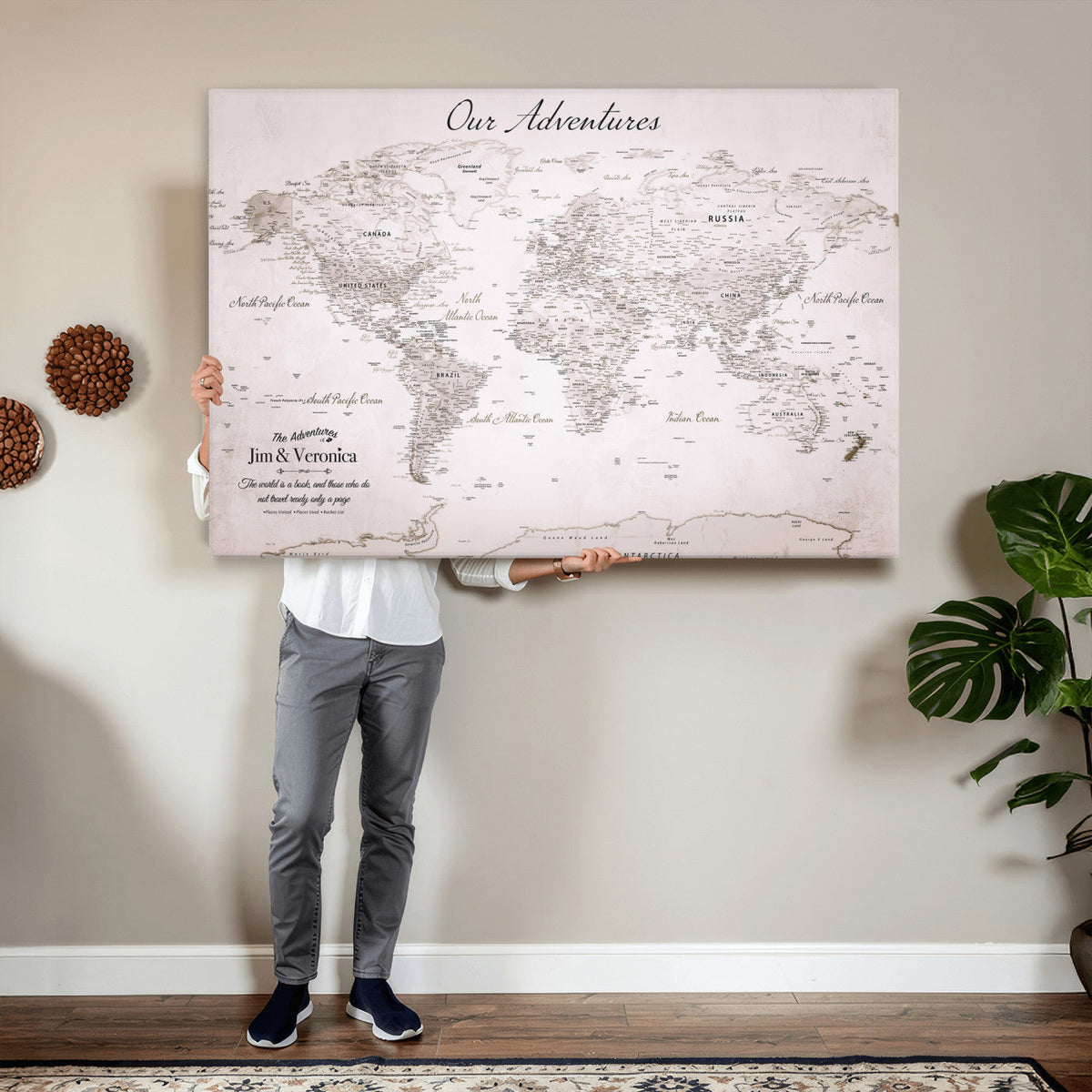 Personalized Beige Vintage World Travel Map Wall Art with Pins, Honeymoon and Anniversary Gift, Entryway and Hallway Decor