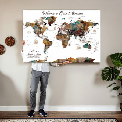 Custom Framed Beige Modern Push Pin World Map Wall Art, Couples Countries Visited Map, Study and Entryway Decor