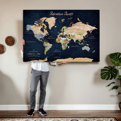 Personalized Beige Antique Push Pin Travel Map Canvas Print, Bucket List Map, Dining Room and Entryway Decor