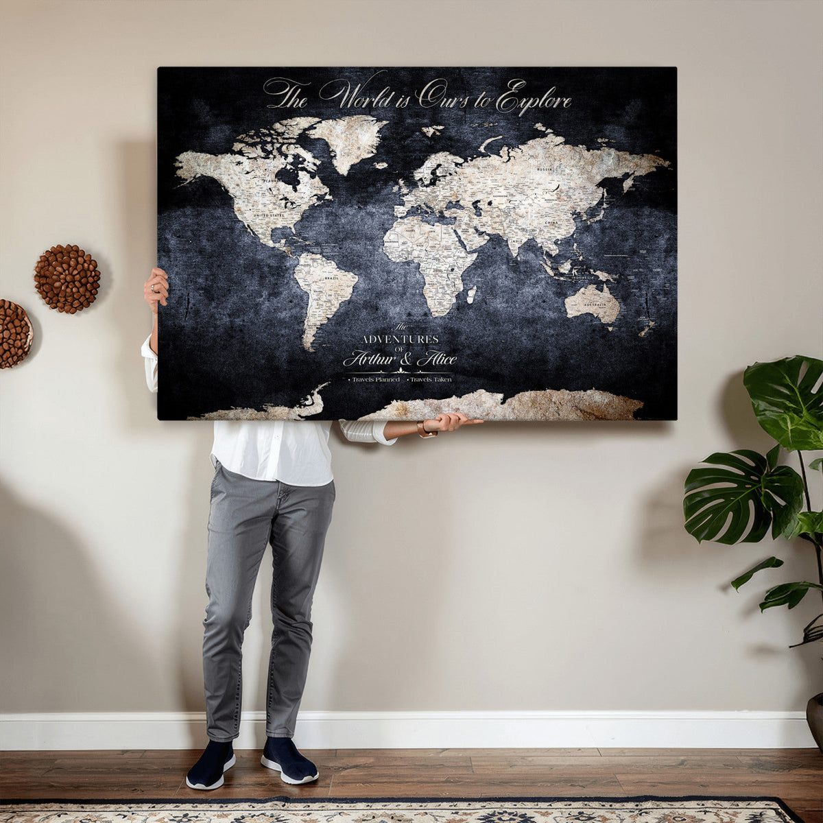 Personalized Beige Modern Push Pin Travel Map Canvas Print, Places Visited Tracker, Study and Entryway Decor
