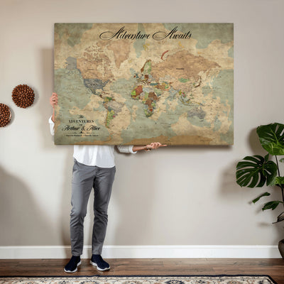 Custom Beige World Travel Map Wall Art with Pins, Bucket List Map, Dining Room and Study Decor