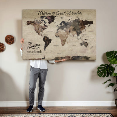 Custom Beige Modern Push Pin World Map Wall Art, Honeymoon and Anniversary Gift, Dining Room and Study Decor