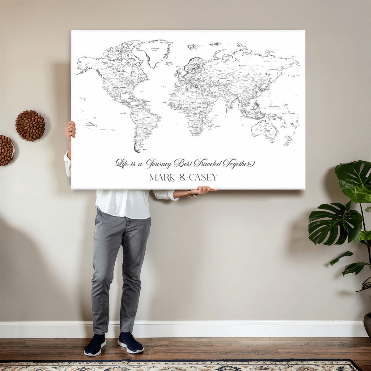 Personalized Framed Beige Modern Push Pin Travel Map Canvas Print, Couples Countries Visited Map, Living Room and Family Room Decor