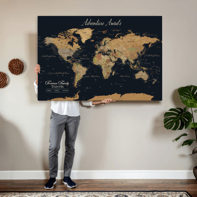 Personalized Framed Beige Geometric Family Push Pin World Map Canvas Print, Next Trip Planner Map, Family Room and Entryway Decor