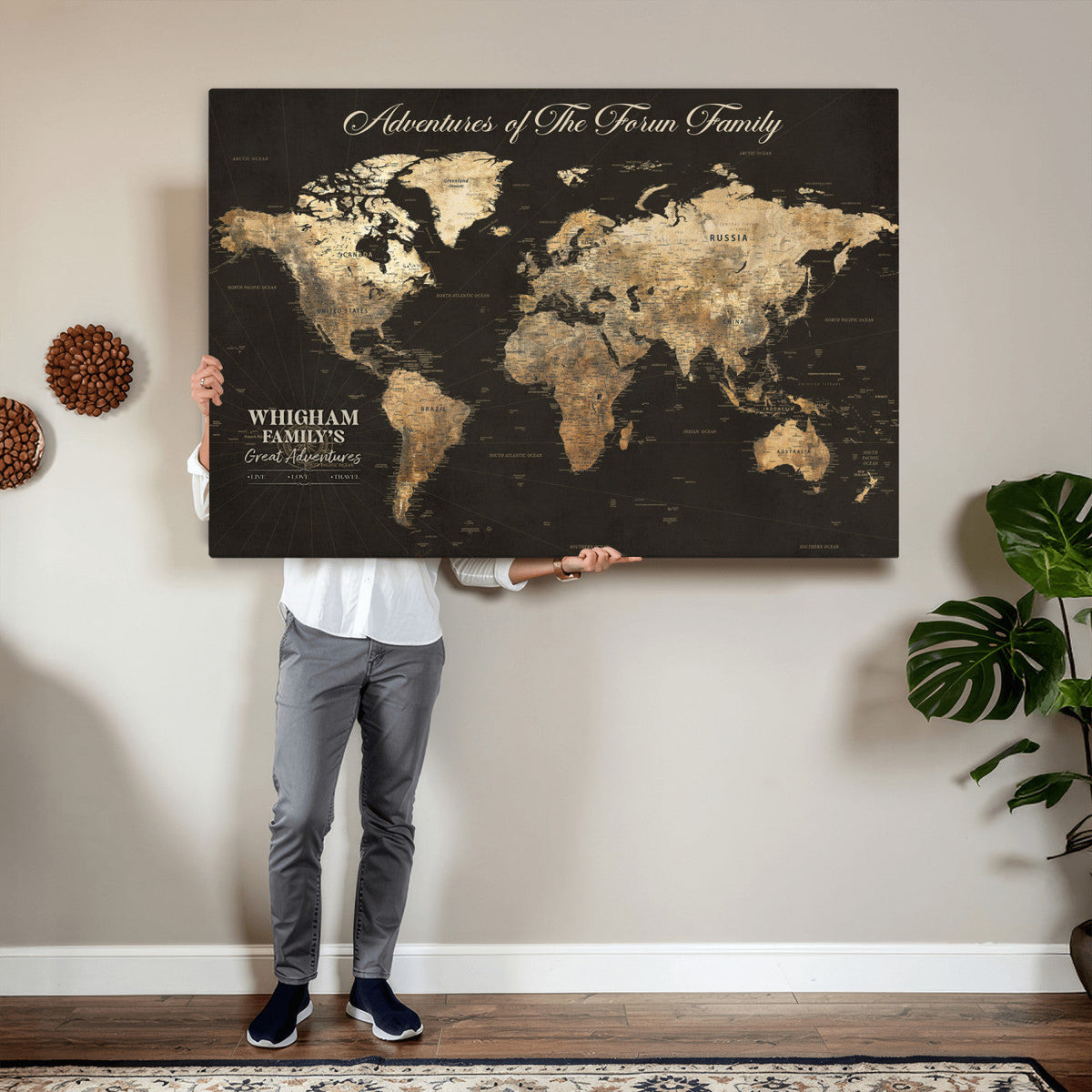 Personalized Framed Beige World Travel Map Wall Art with Pins, Couples Countries Visited Map, Family Room and Dining Room Decor