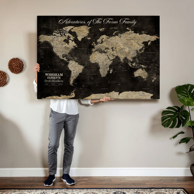 Personalized Framed Black Modern World Map Canvas with Push Pins, Next Trip Planner Map, Dining Room and Home Office Decor