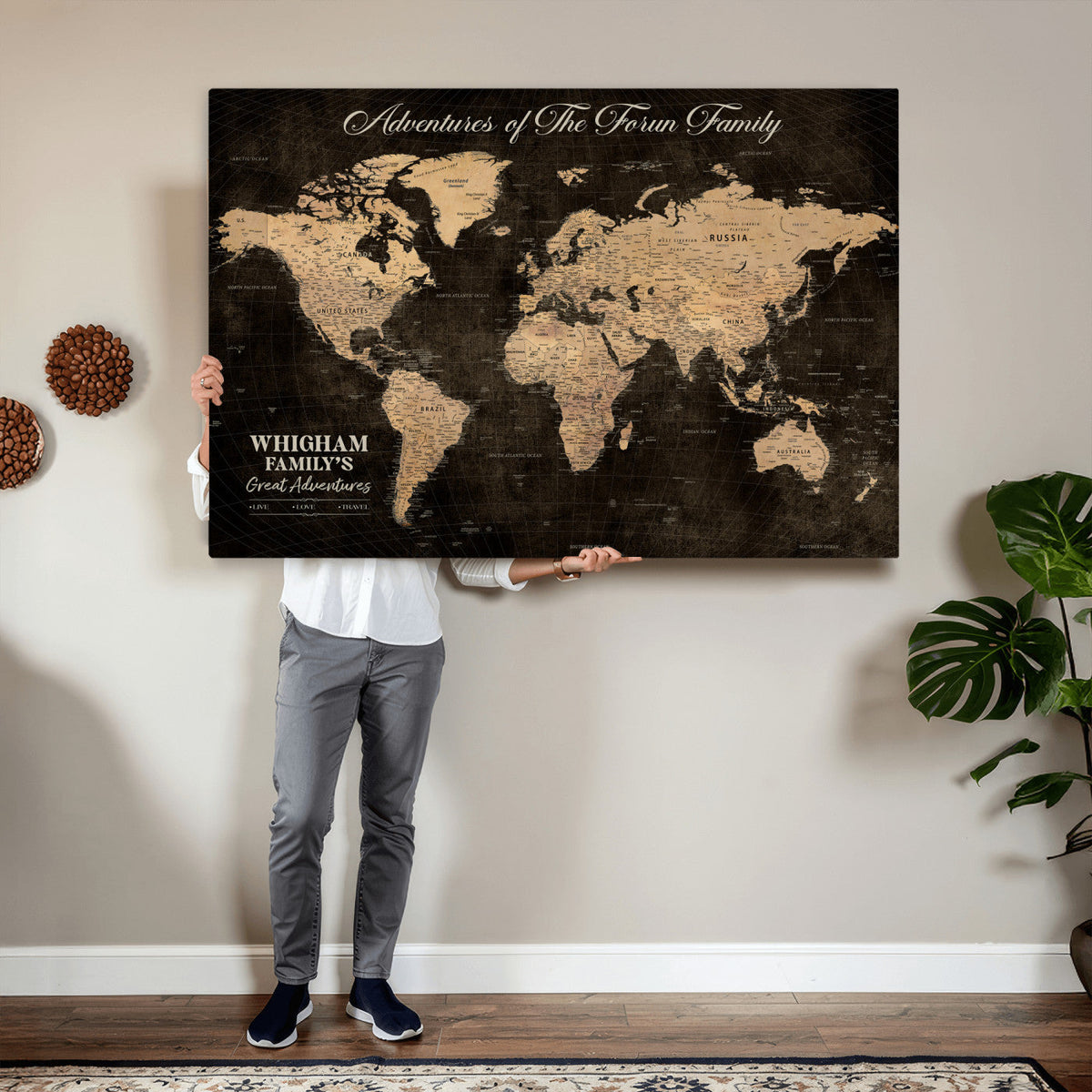 Personalized Framed Beige Geometric Push Pin Travel Map Canvas Print, Honeymoon and Anniversary Gift, Dining Room and Hallway Decor