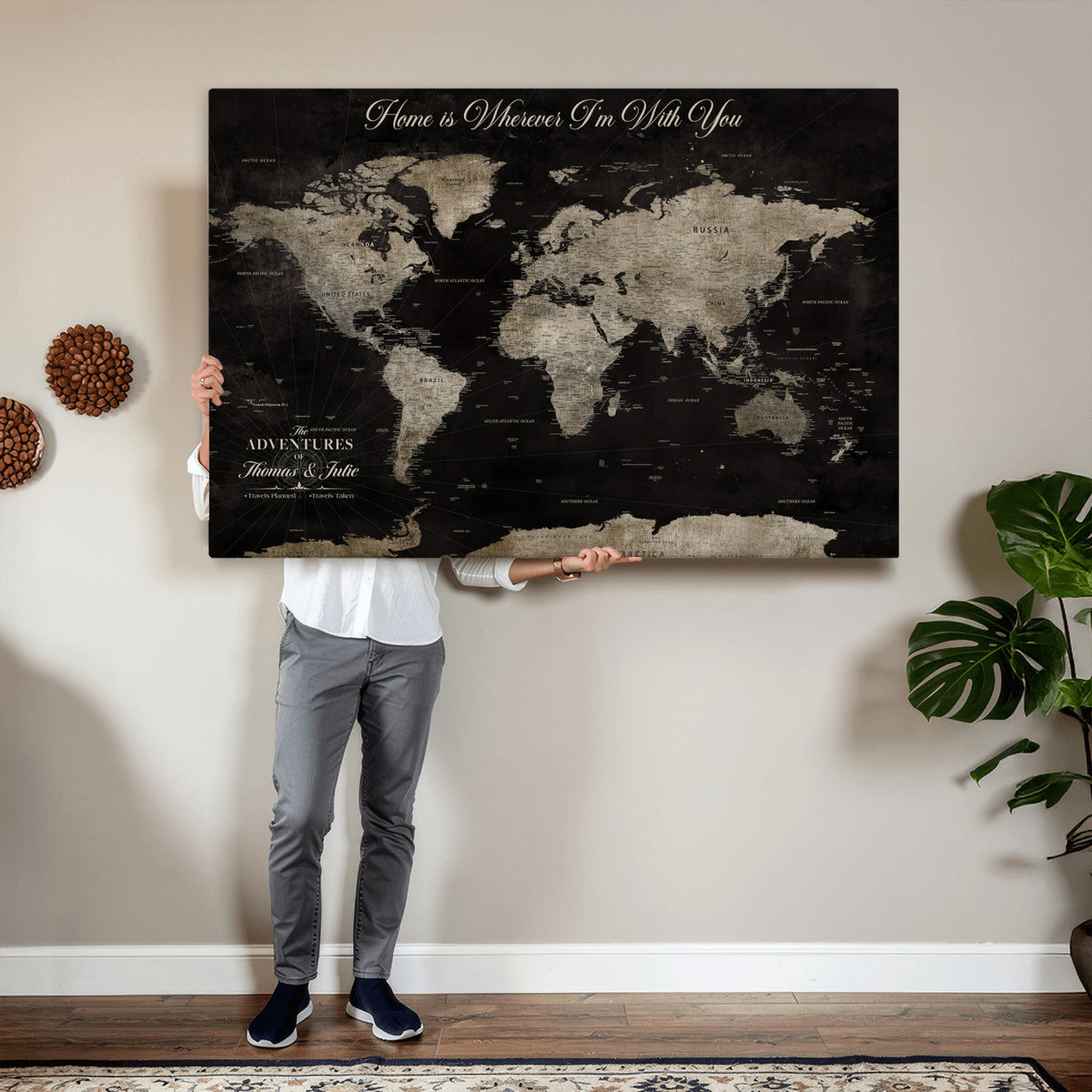 Personalized Framed Black Geometric World Map Canvas with Push Pins, Bucket List Map, Living Room and Dining Room Decor