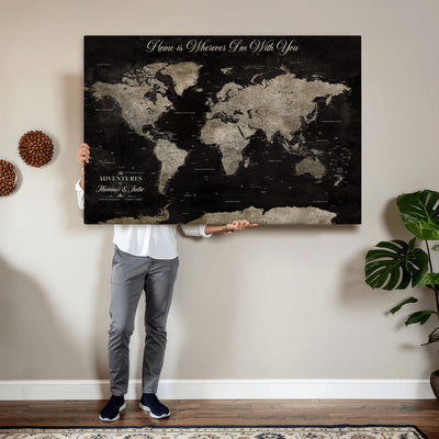 Personalized Framed Black Geometric World Map Canvas with Push Pins, Bucket List Map, Living Room and Dining Room Decor