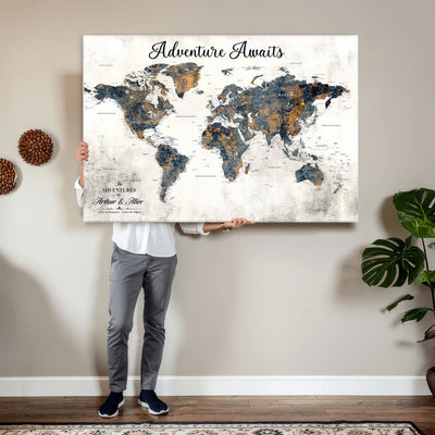 Custom Framed Beige Geometric World Travel Map Wall Art with Pins, Places Visited Tracker, Family Room and Home Office Decor