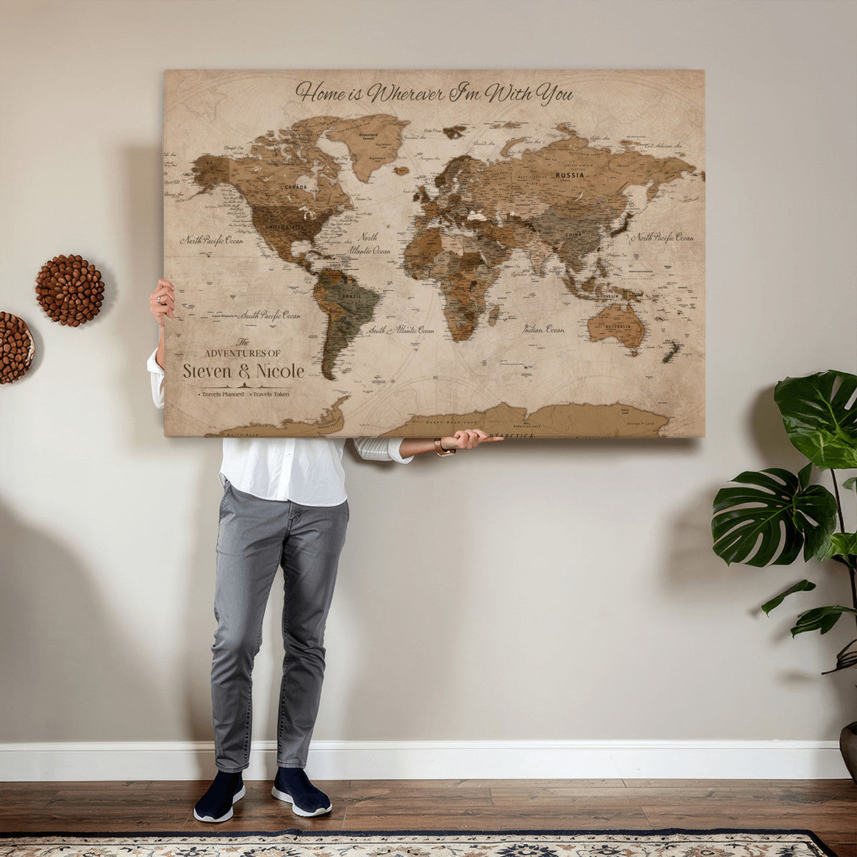 Personalized Framed Beige World Map Canvas with Push Pins, Honeymoon and Anniversary Gift, Living Room and Hallway Decor