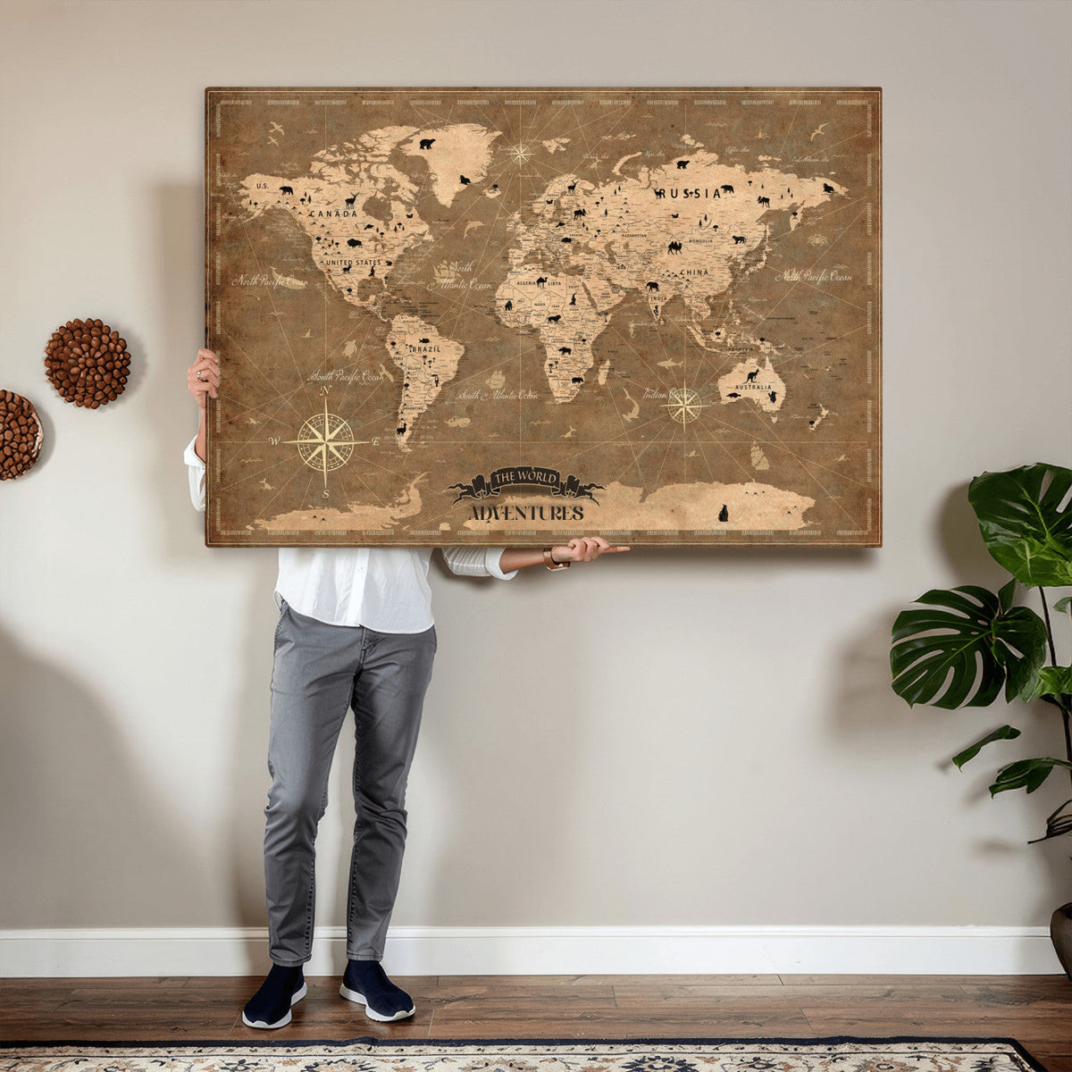 16235283-MGV-CV-36X24 - Custom World Travel Map Wall Art with Pins, Family Travel Tracker, Living Room and Bedroom Decor
