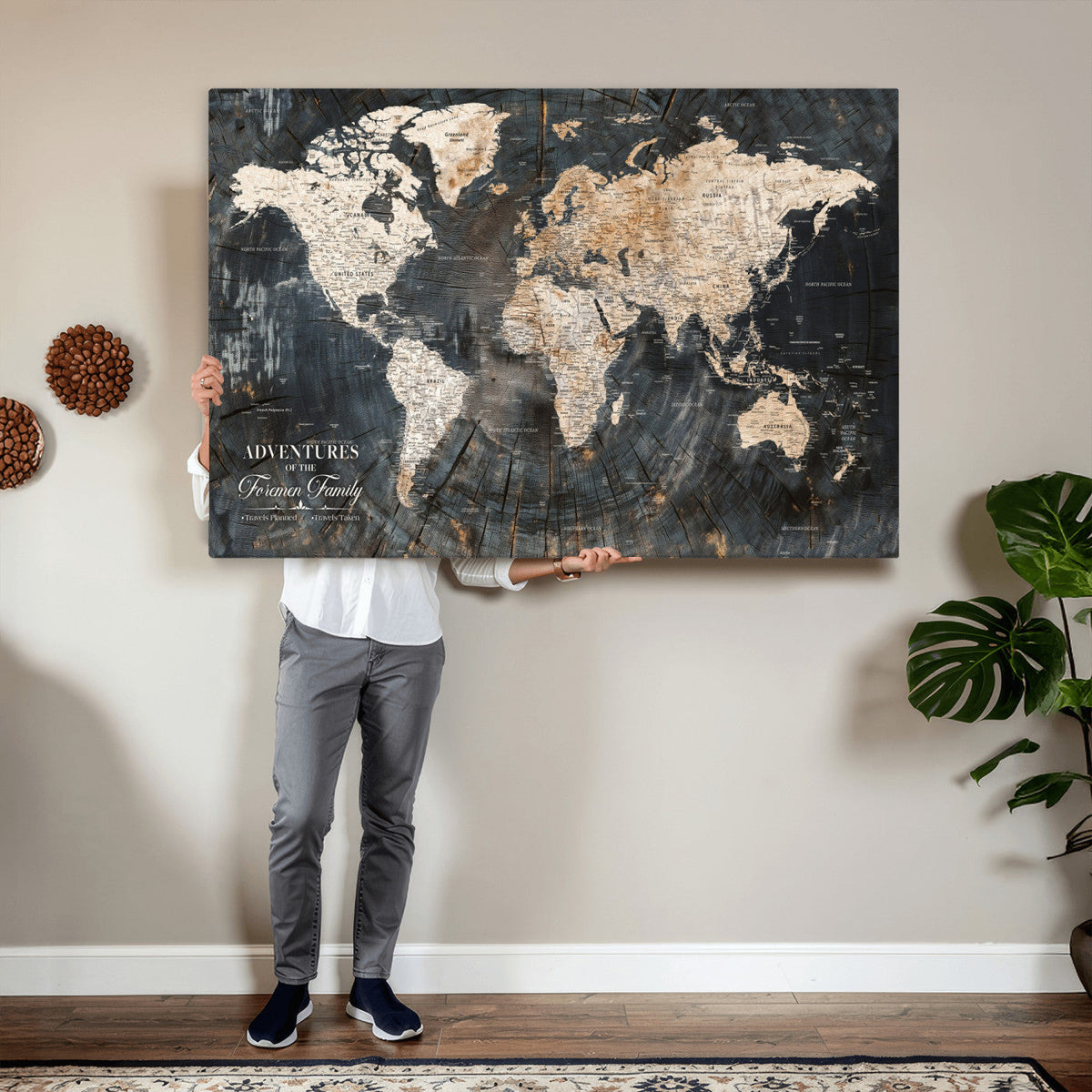 Personalized Framed Beige Push Pin World Map Canvas Print, Bucket List Map, Living Room and Hallway Decor