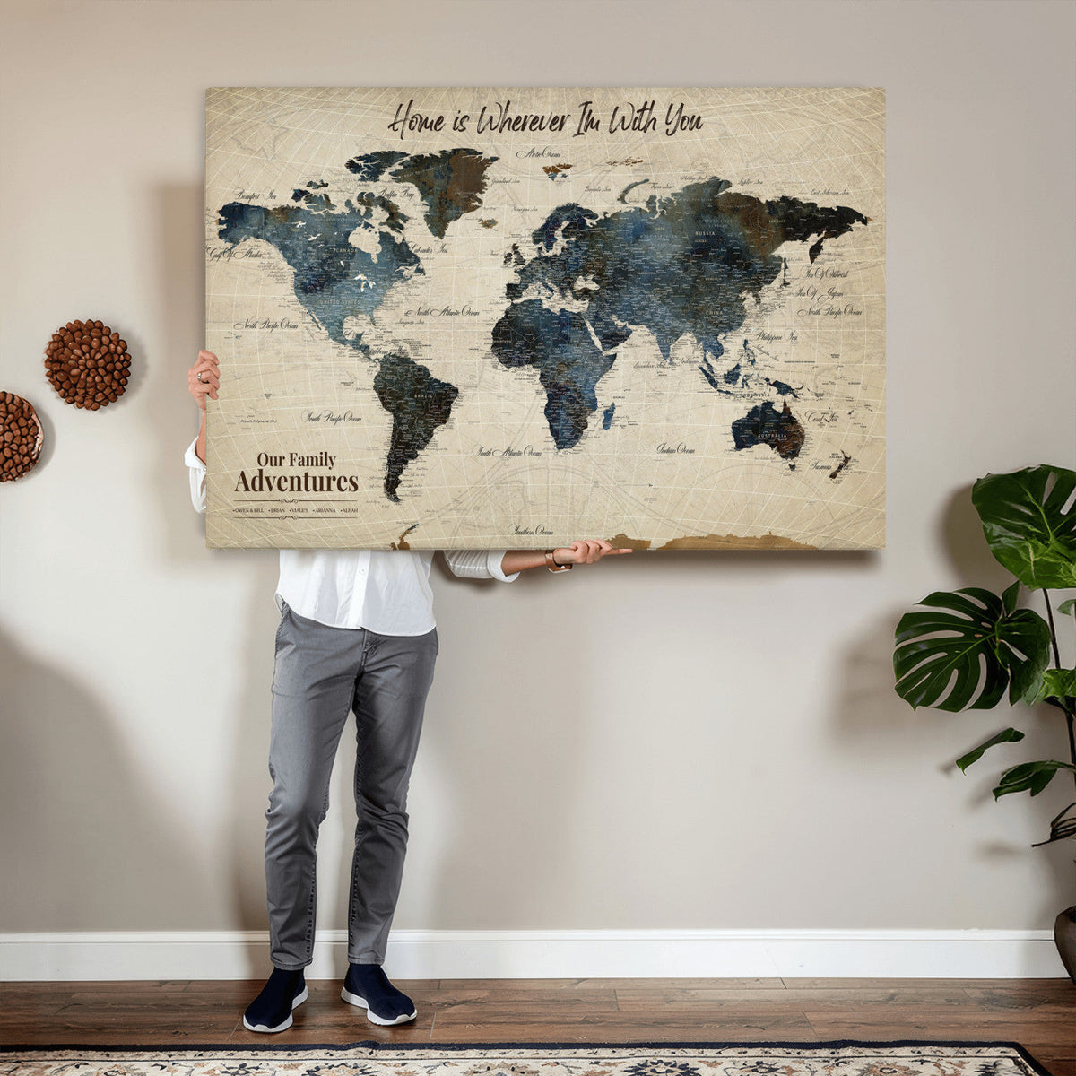 Personalized Framed Black Modern Push Pin Travel Map Canvas Print, Family Travel Tracker, Home Office and Entryway Decor