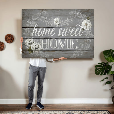 Home Sweet Home Sign Wall Art Canvas Print, Floral Farmhouse Decor