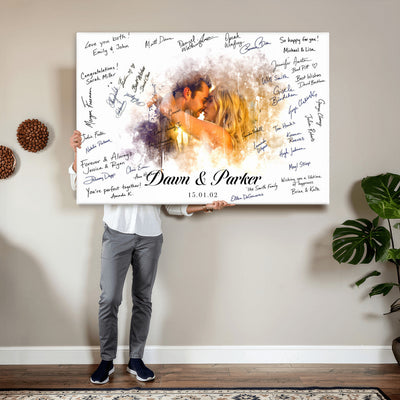 74713307-MGV-CV-36X24 - Wedding Guest Book Alternative Wall Art Canvas Print, Personalized Couple Photo Guestbook Wedding Signature Poster, Custom Couple Photo Guestbook Canvas, Bridal Shower Reception Decor