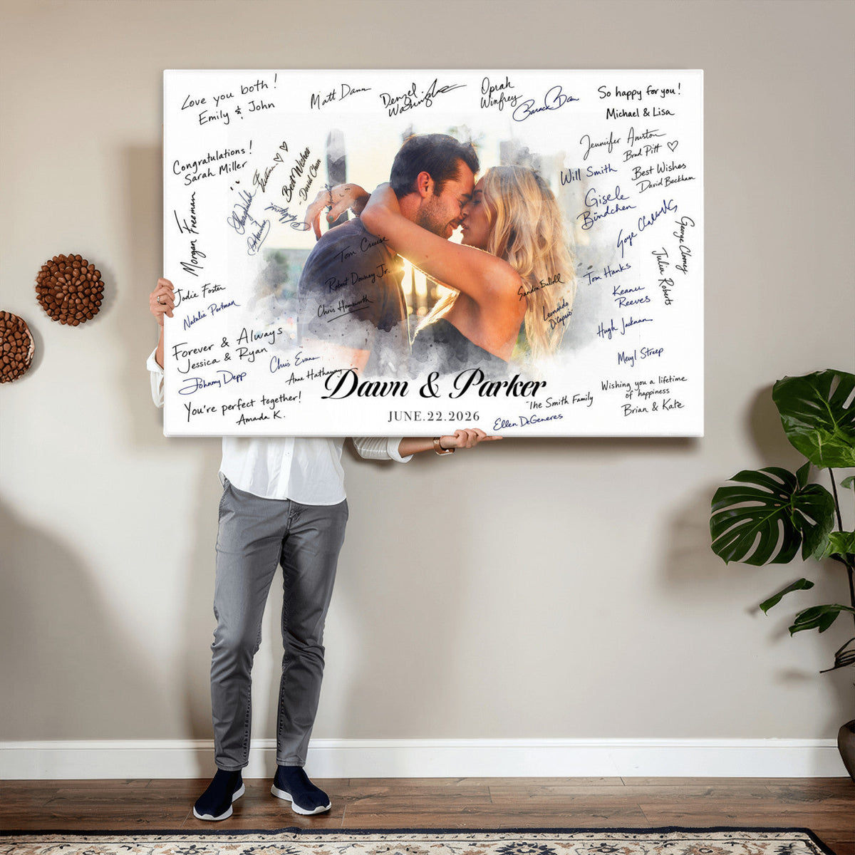 14788122-MGV-CV-36X24 - Wedding Guest Book Alternative Wall Art Canvas Print, Personalized Couple Photo Guestbook Wedding Signature Poster, Custom Couple Photo Guestbook Canvas, Bridal Shower Reception Decor
