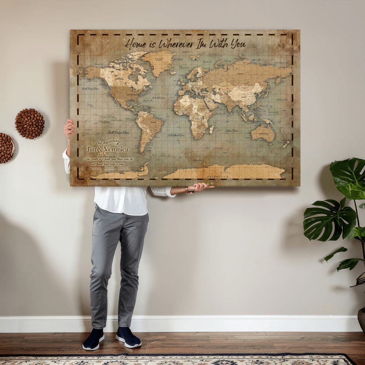 97123877-MGV-CV-36X24 - Vintage Custom Push Pin World Map Print - Vintage Travel Map Canvas, Personalized Names Anniversary Gift, Places Visited Pin Board