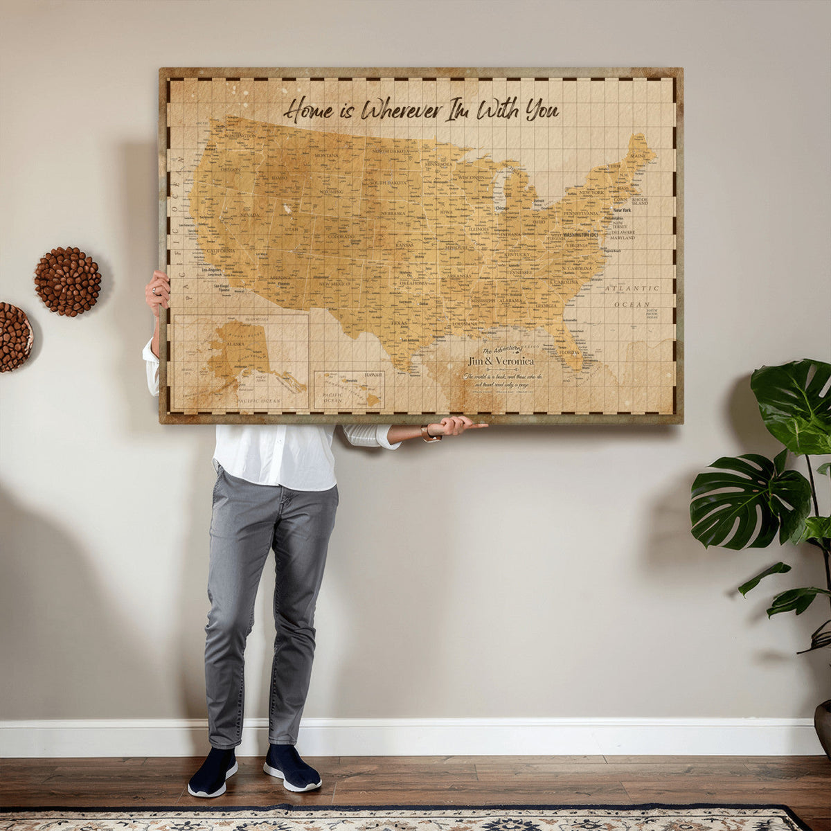62164711-MGV-CV-36X24 - Personalized USA Push Pin Travel Map, Custom United States Map, Push Pin Map, USA Bucket List Map, Anniversary Gift - Couple Travel Map Wall Art