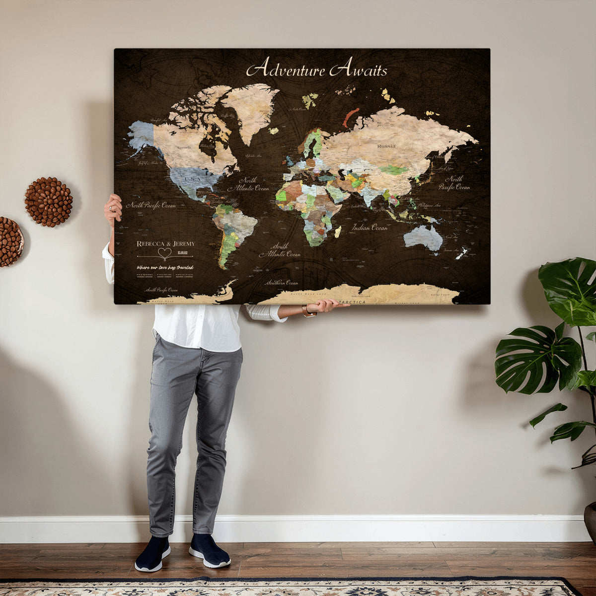 95753799-MGV-CV-36X24 - Custom Push Pin World Map Canvas Print | Personalized Travel Map Wall Art