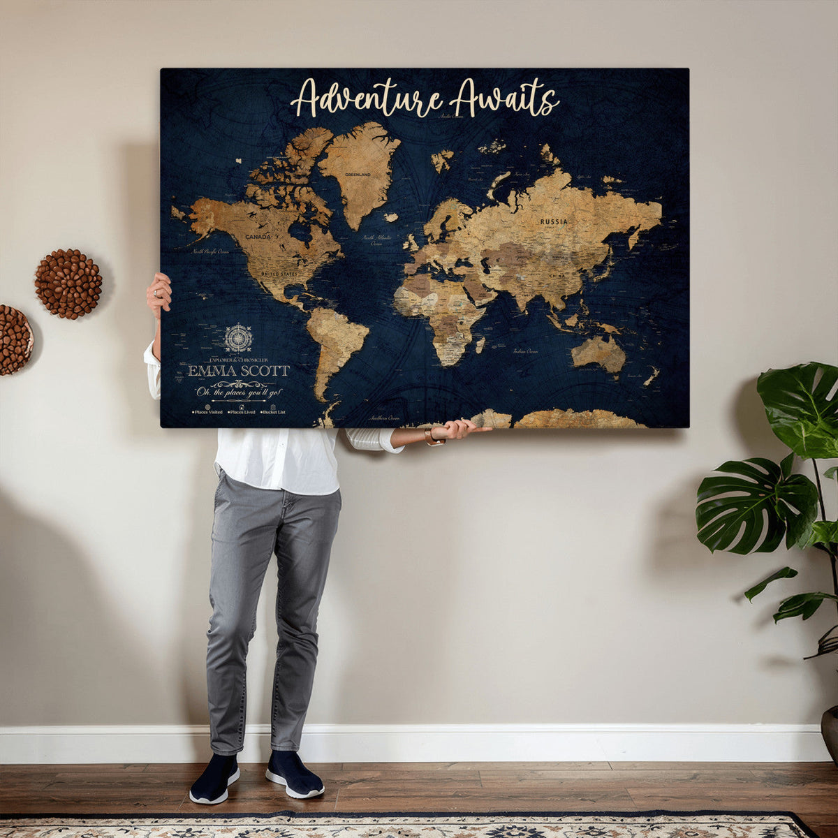 44399597-MGV-CV-36X24 - Custom Push Pin World Map Canvas Print | Personalized Travel Map Wall Art