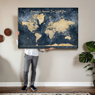 400867BL-MGV-CV-36X24 - Framed Blue Custom Push Pin World Map Canvas Print | Personalized Travel Map Wall Art