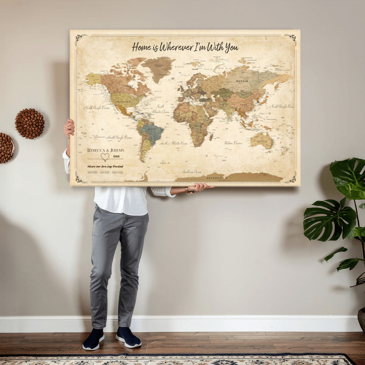 40086165-MGV-TP-30X20 - Framed Vintage Custom Push Pin World Map Canvas Print | Personalized Travel Map Wall Art