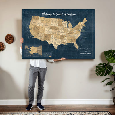 58851035-MGV-CV-36X24 - Custom Cream Push Pin USA Map Canvas Print, 50 State Bucket List Map, Family Room and Hallway Decor