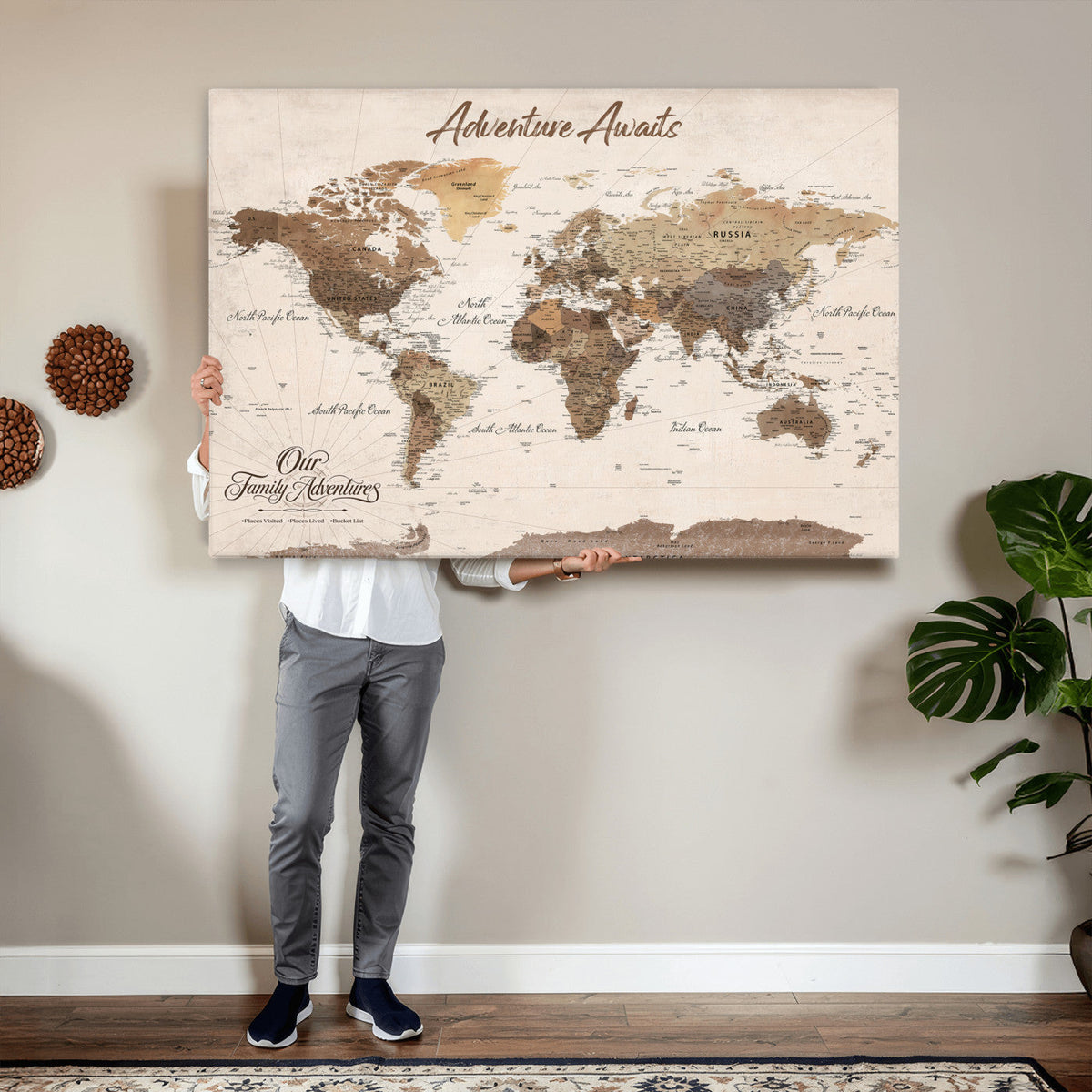 84865191-MGV-CV-36X24 - Our Family Adventures Push Pin World Map Wall Art Canvas Print - Family Travel Tracker Map with Pins