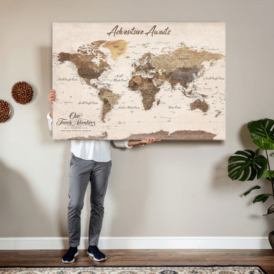 84865191-MGV-CV-36X24 - Our Family Adventures Push Pin World Map Wall Art Canvas Print - Family Travel Tracker Map with Pins
