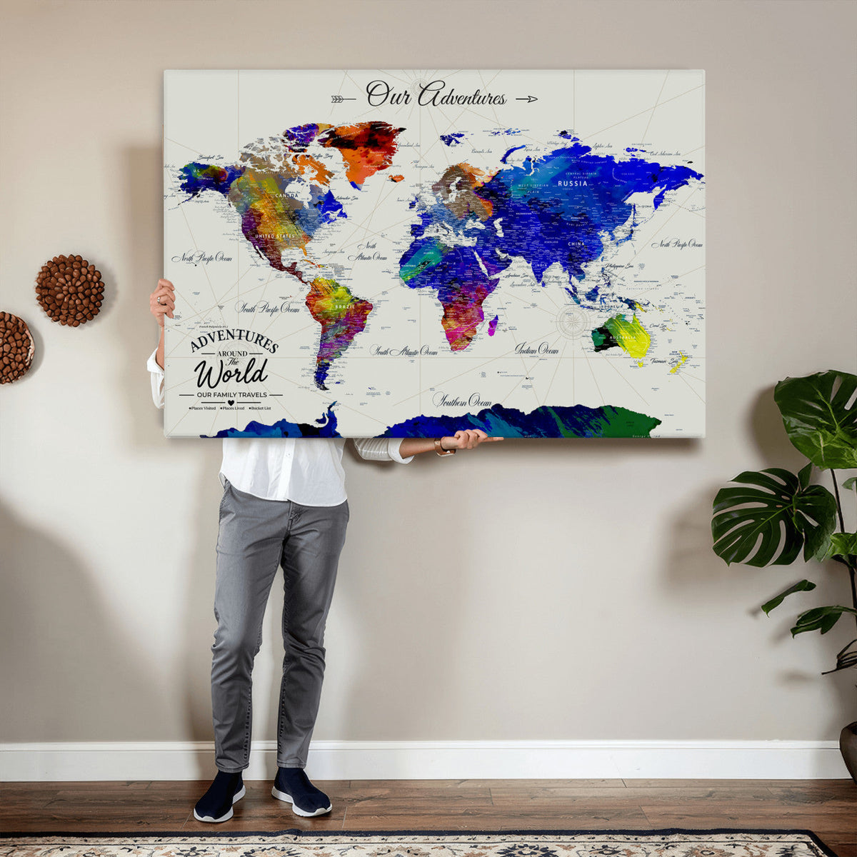 88162438-MGV-CV-36X24 - Our Family Adventures Push Pin World Map Wall Art Canvas Print | Family Travel Tracker Map with Pins