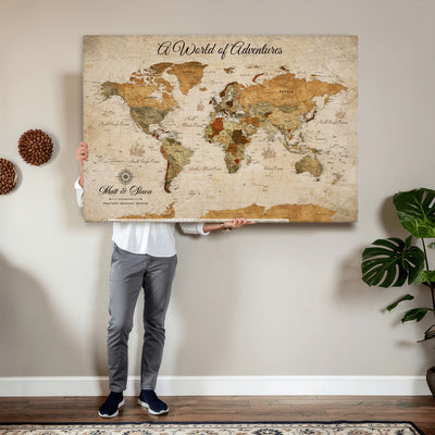 88768647-MGV-CV-36X24 - Extra Large Framed Personalize Push Pin World Map Wall Art Canvas Print for Travel Tracking