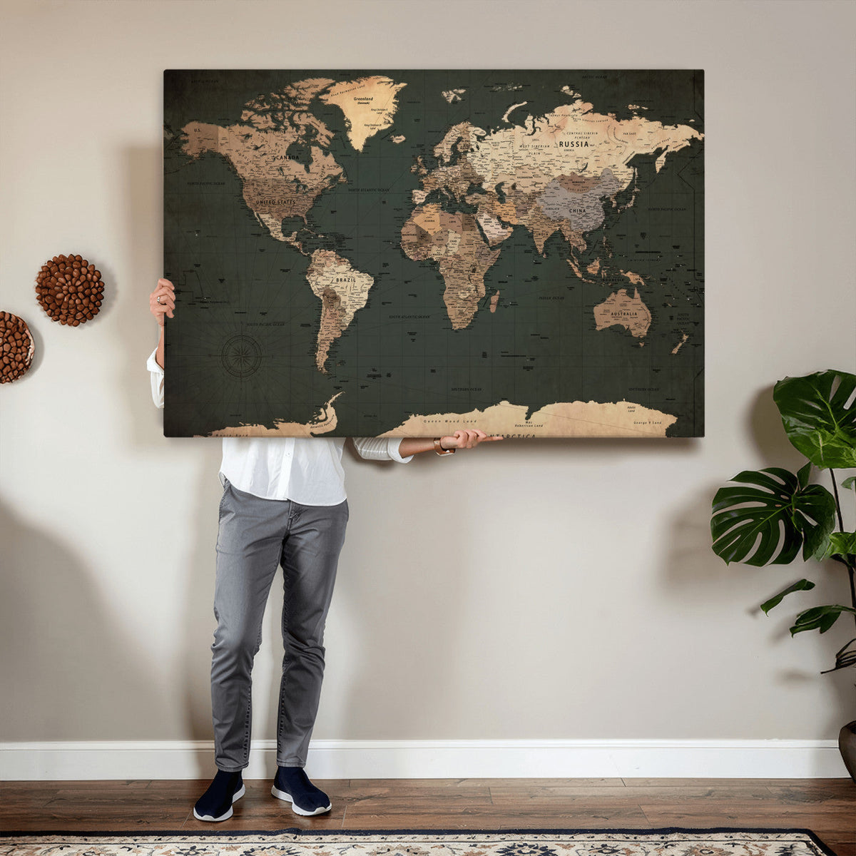 42327656-MGV-CV-36X24 - Extra Large Framed Personalize Push Pin World Map Wall Art Canvas Print for Travel Tracking - NEWMAP-116