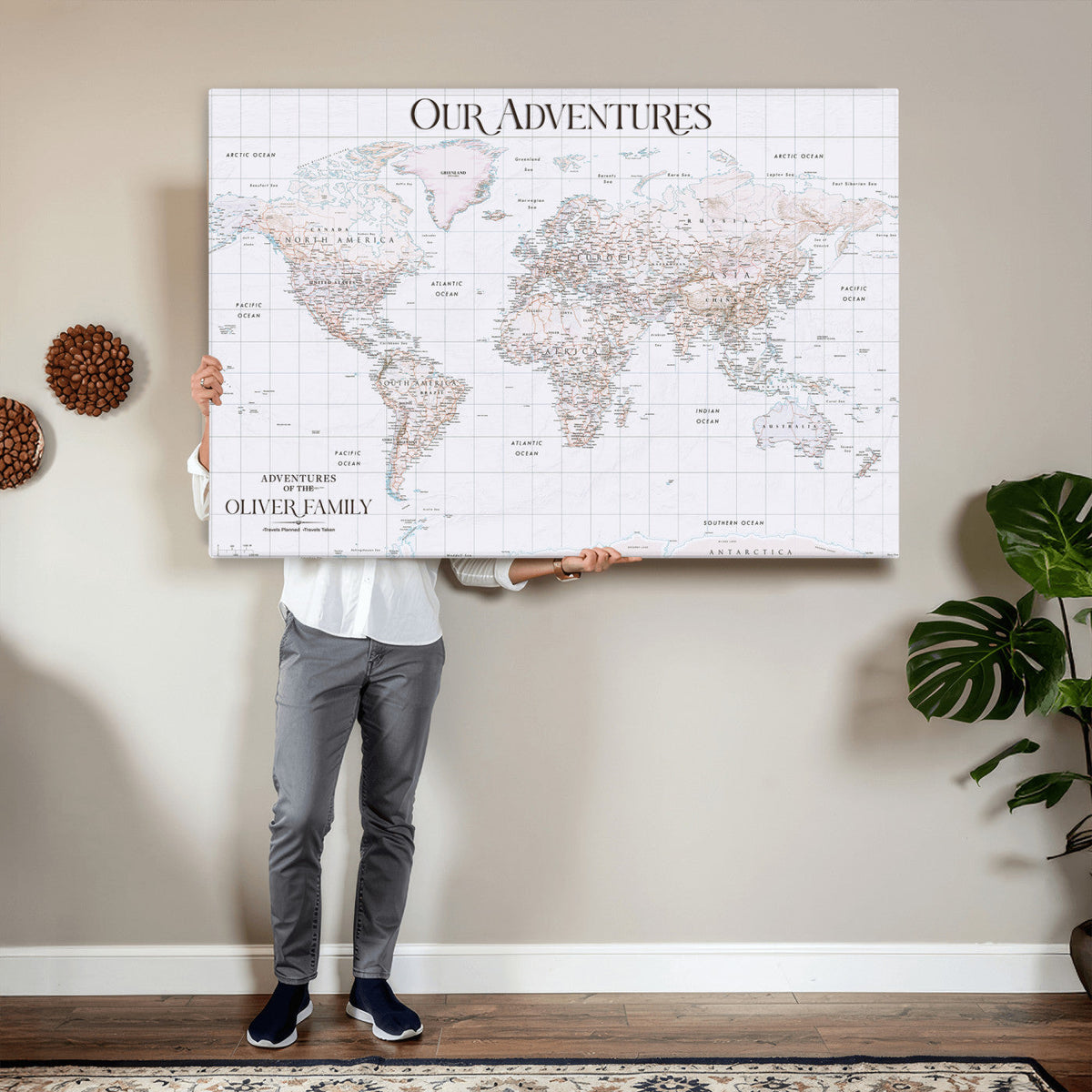 18074626D3DD-MGV-CV-36X24 - Extra Large Framed Personalized Push Pin World Map Wall Art Canvas Print for Travel Tracking