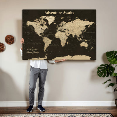 Custom Beige Modern World Travel Map Wall Art with Pins, Family Travel Tracker, Dining Room and Entryway Decor