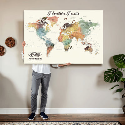 Personalized Framed Beige Modern Push Pin Travel Map Canvas Print, Family Travel Tracker, Bedroom and Home Office Decor
