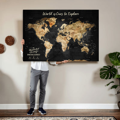 Personalized Beige Push Pin Travel Map Canvas Print, Family Travel Tracker, Bedroom and Entryway Decor