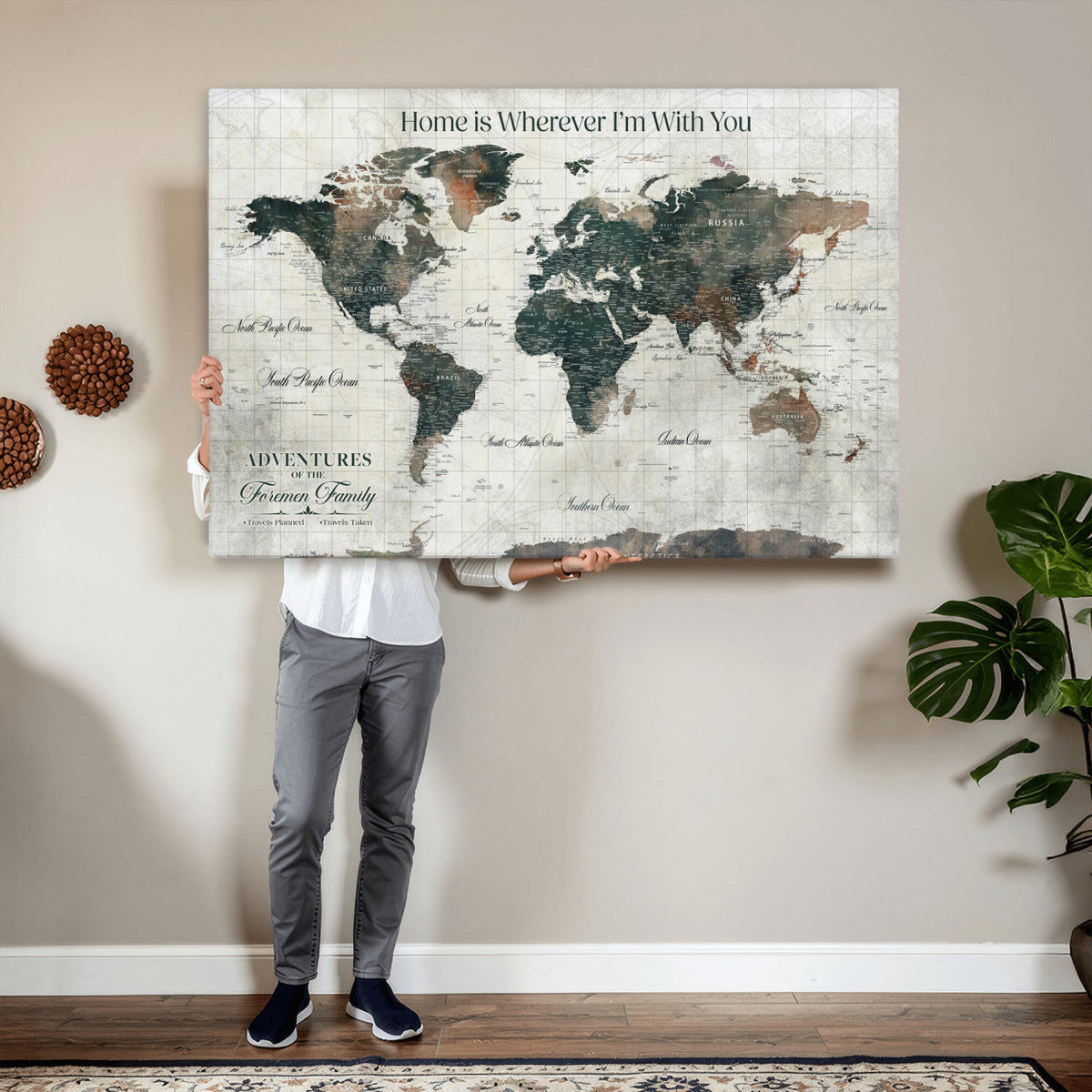 Personalized Framed Beige Push Pin Travel Map Canvas Print, Family Travel Tracker, Home Office and Hallway Decor
