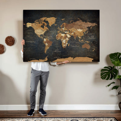 40660012D-MGV-CV-36X24 - Custom Push Pin World Map Wall Art Canvas Print – Personalized Travel Tracker with Pins Framed Large for Home and Office Decor