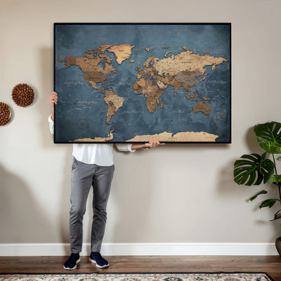81949666D-MGV-CV-36X24 - Custom Push Pin World Map Wall Art Canvas Print – Personalized Travel Tracker with Pins Framed Large for Home and Office Decor