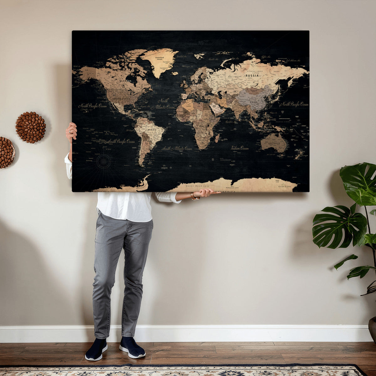 55335455D-MGV-CV-36X24 - Custom Push Pin World Map Wall Art Canvas Print – Personalized Travel Tracker with Pins Framed Large for Home and Office Decor