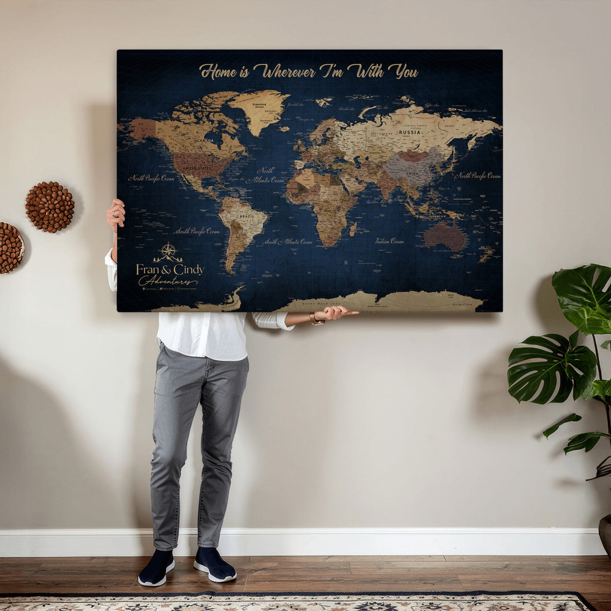 57774467D-MGV-CV-36X24 - Custom Push Pin World Map Wall Art Canvas Print – Personalized Travel Tracker with Pins Framed Large for Home and Office Decor