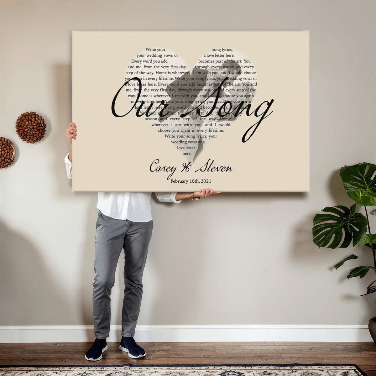 CSTM911D-MGV-CV-36X24 - Lyrics Heart Canvas Print – Personalized Song Lyrics in a Heart Shape Wall Art