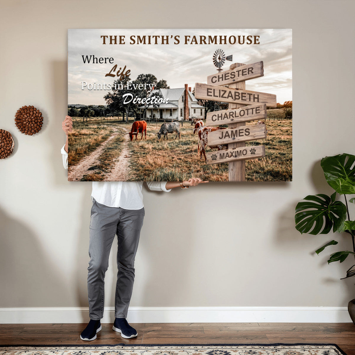 Personalized Farmhouse Family Signpost Canvas, Custom Name Wall Art