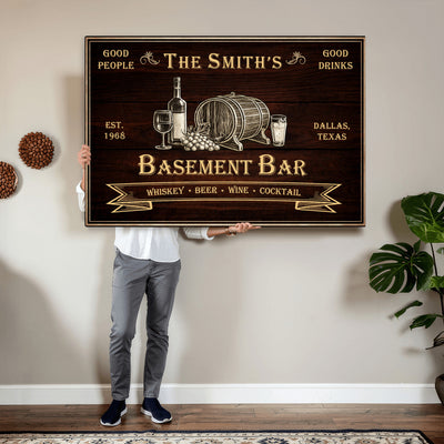 Custom Basement Bar Sign Canvas, Personalized Family Home Bar Wall Art