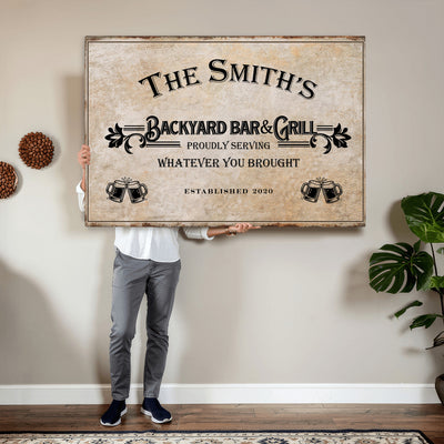 Custom Backyard Bar & Grill Sign, Personalized Family Name Arch Canvas