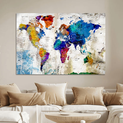 Push Pin World Map Canvas Print – Framed Wall Art for Couples to Track Their Travels – Anniversary Gift or Home Adventure Decor
